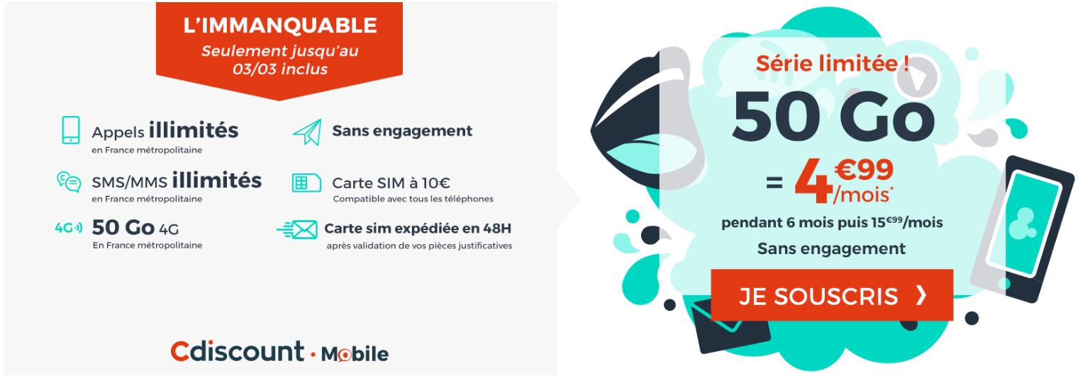 Cdiscount Mobile offre promotionnelle 50 Go 4,99€ par mois