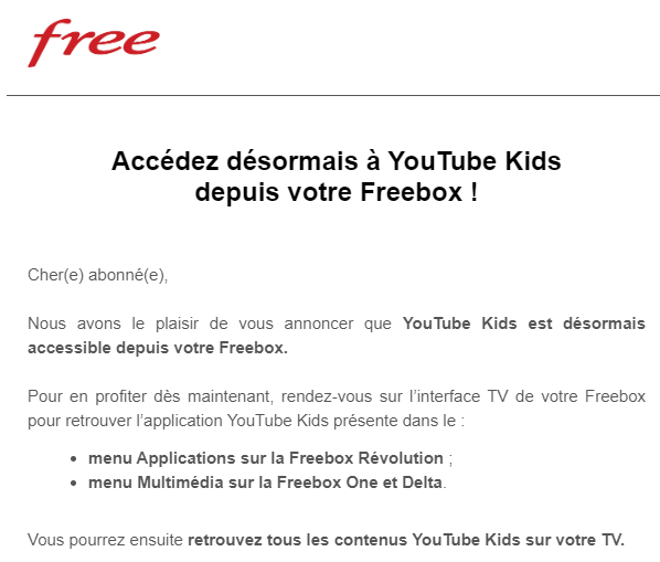 Mail envoyé par Free pour annoncer YouTube Kids sur la Freebox