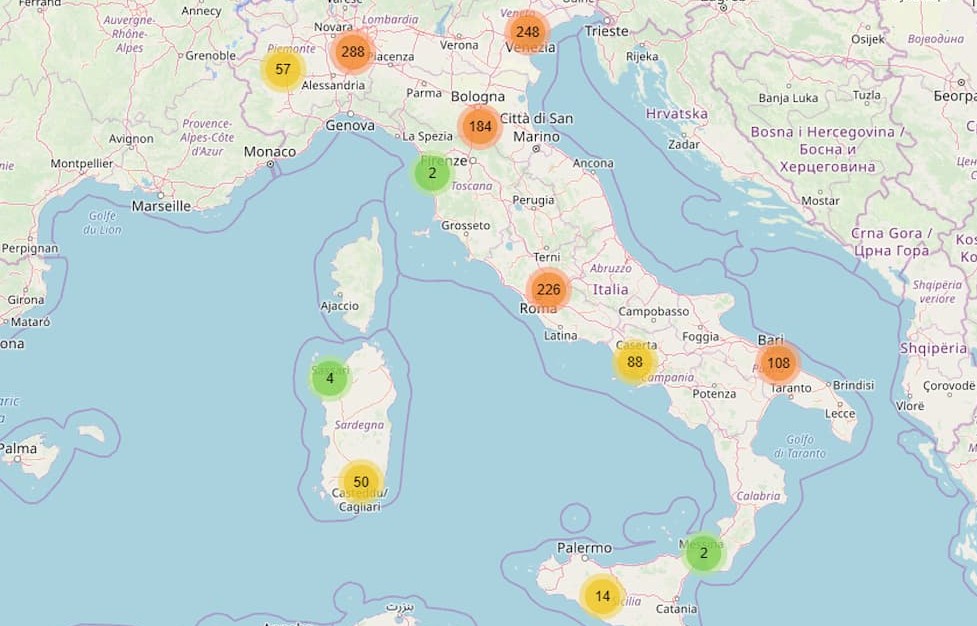La répartition des sites 2100 MHz sur le réseau 4G d'Iliad Italia