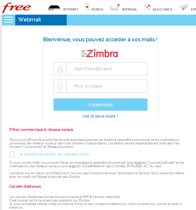  Free  La page d authentification de Zimbra fait peau neuve