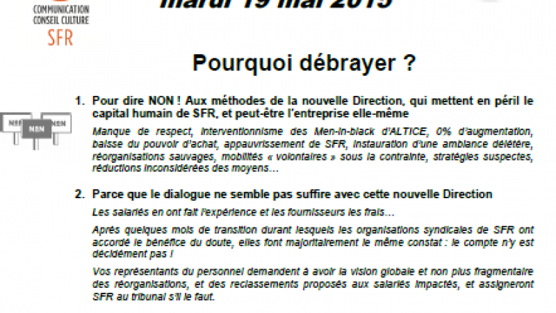 Un débrayage national chez SFR-Numericable pour dire « Non aux méthodes de la direction »