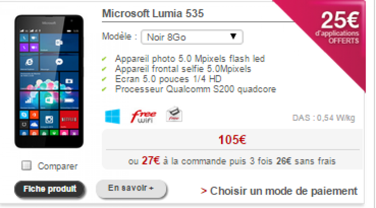 Nouveauté Free Mobile : 25 € d’applications offerts pour l’achat d’un Microsoft Lumia 535
