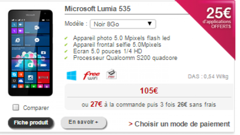 Nouveauté Free Mobile : 25 € d’applications offerts pour l’achat d’un Microsoft Lumia 535