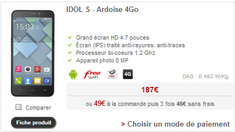 L’Alcatel Idol S baisse son tarif et devient le terminal 4G le moins cher chez Free Mobile