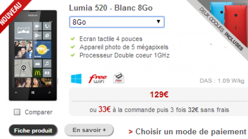 Free Mobile : le Nokia Lumia 520 disponible en blanc