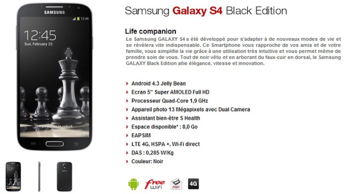 Le Samsung Galaxy S4 Black Edition arrive chez Free Mobile