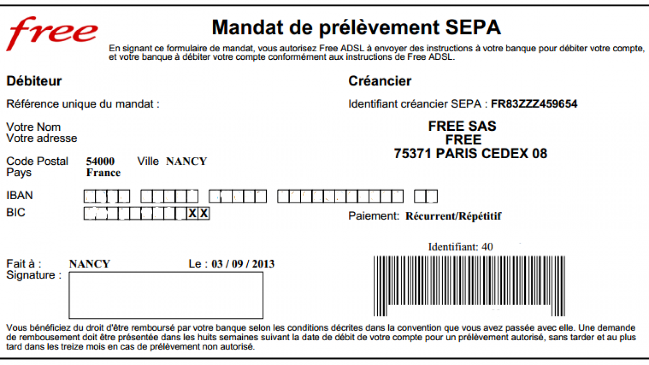 Mandat de prélèvement Free