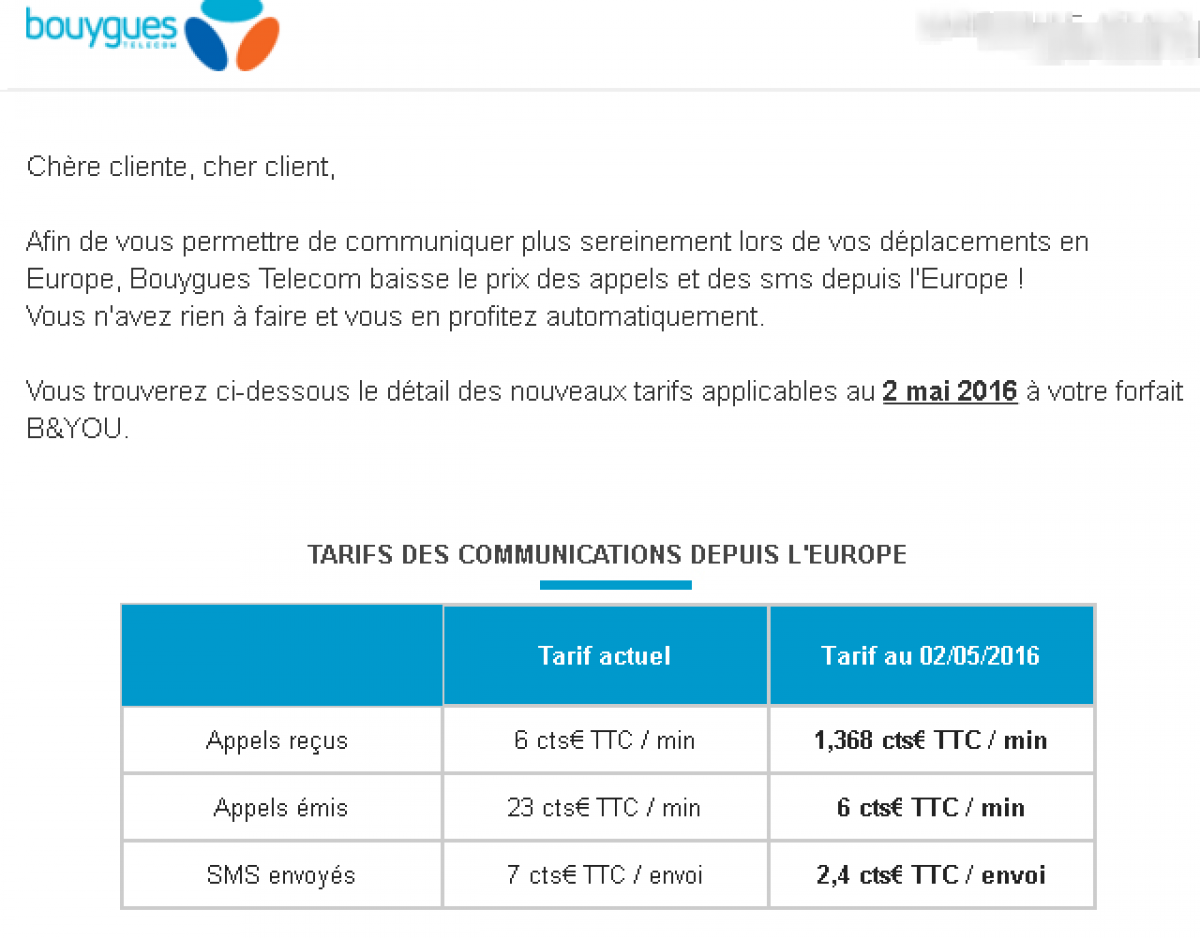Bouygues Télécom fait passer la baisse des frais de roaming votée par l’Europe pour un cadeau fait à ses abonnés