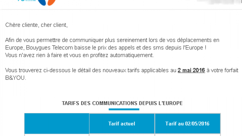 Bouygues Télécom fait passer la baisse des frais de roaming votée par l’Europe pour un cadeau fait à ses abonnés