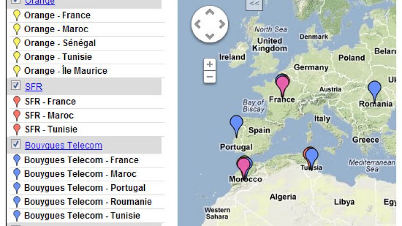 La carte des pays où sont situés les centres d’appels de Free, SFR, Bouygues et Orange