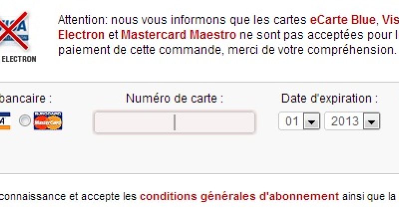 Paiement en ligne Free Mobile : les cartes bleues “Electron” et “Maestro” ne sont plus acceptées.