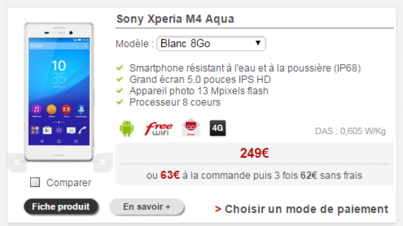 Le prix du Sony Xperia M4 Aqua en baisse sur la boutique Free Mobile