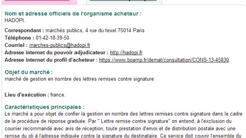 Organisme de riposte graduée cherche prestataire de courrier.