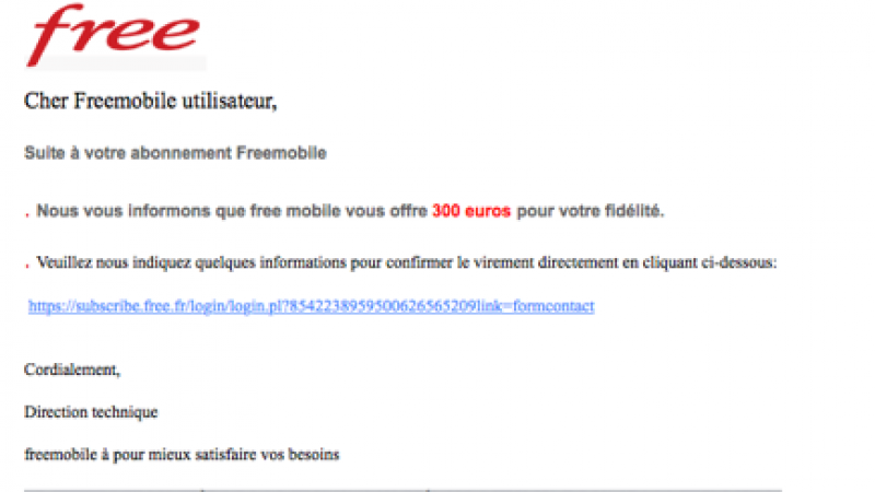 Nouveau phishing Free Mobile en cours : une pseudo offre de 300 €