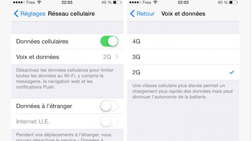 iOS 8.1 : le choix du réseau 2G/3G/4G sur iPhone 5 pour Free Mobile