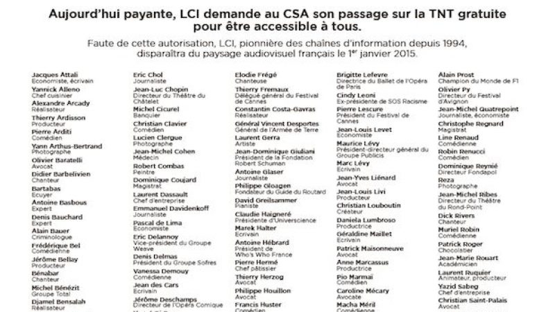 200 personnalités signent la pétition de LCI pour son passage en TNT gratuite