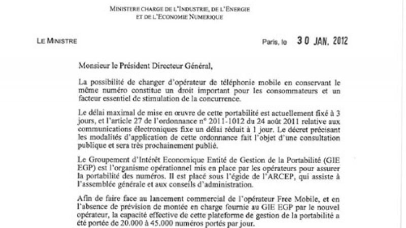 Eric Besson demande au GIE de respecter le délai de la portabilité afin de mettre fin aux retards