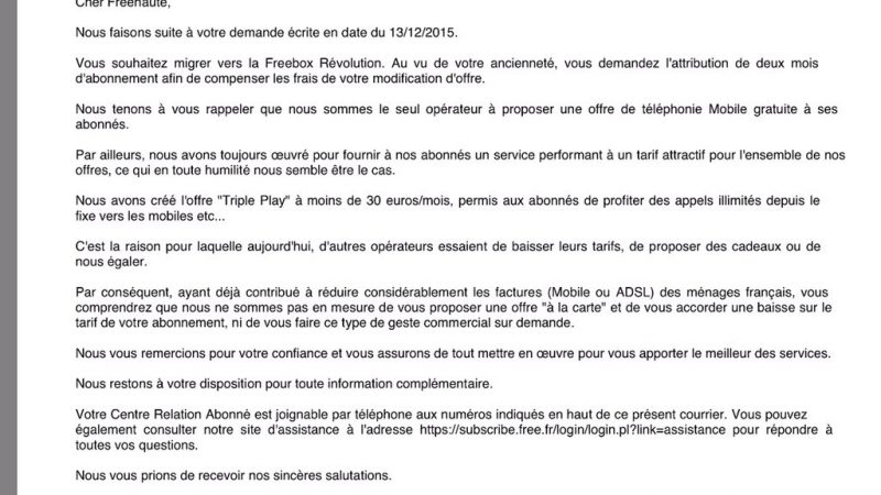 Free explique à un abonné qu’ayant contribué à réduire considérablement les factures mobiles et ADSL, il ne pratique pas de geste commercial