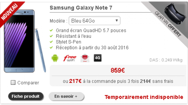 Free Mobile : deux modèles de Galaxy Note 7 déjà indisponibles