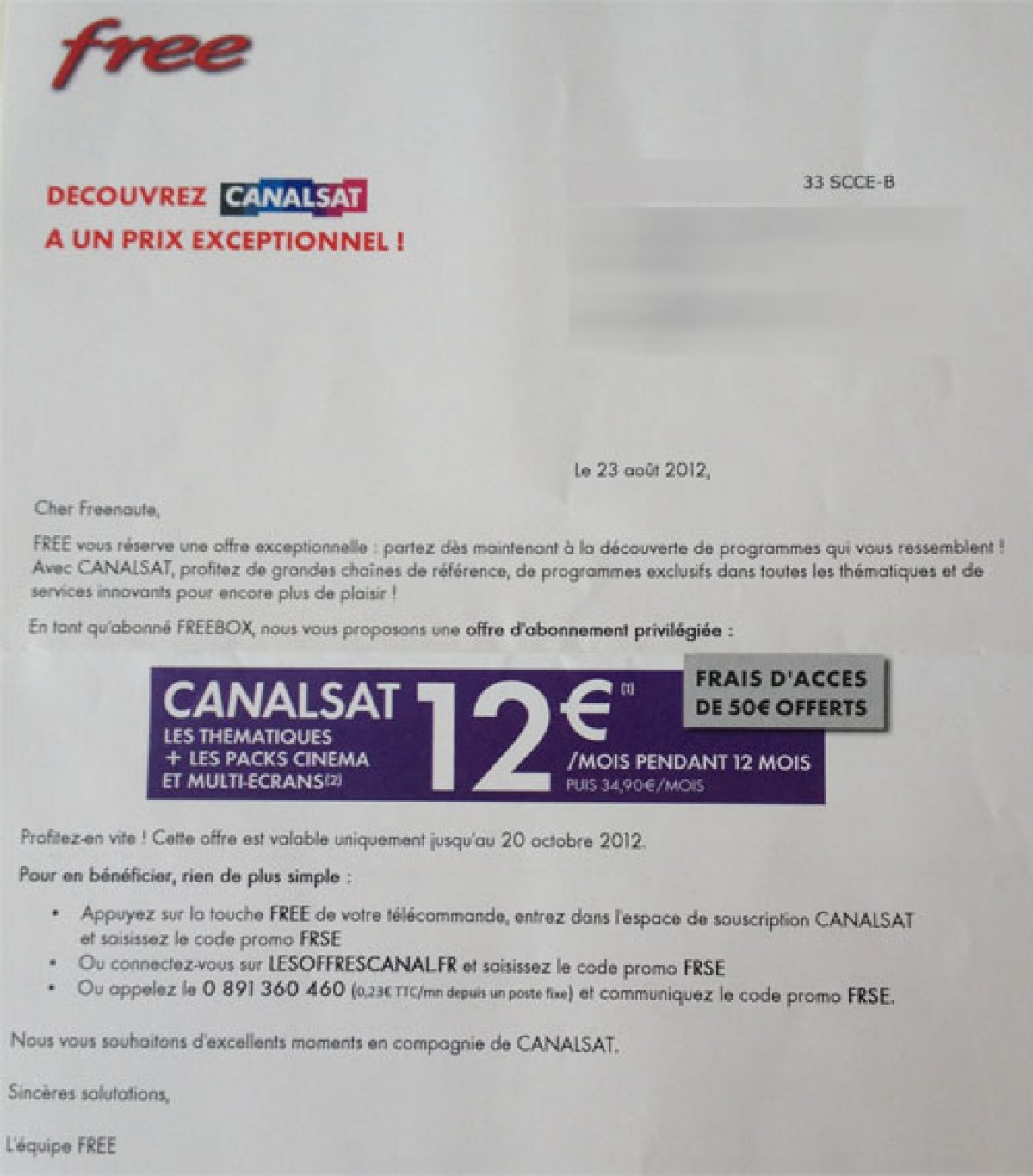 Free et Canalsat envoient un courrier aux Freenautes pour leur annoncer une offre privilège