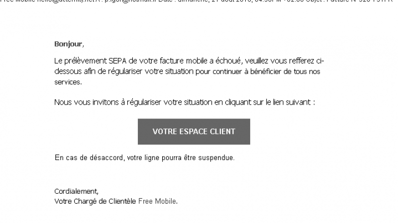 Free Mobile : nouvelle attaque Phishing, faisant état du prélèvement SEPA qui aurait échoué