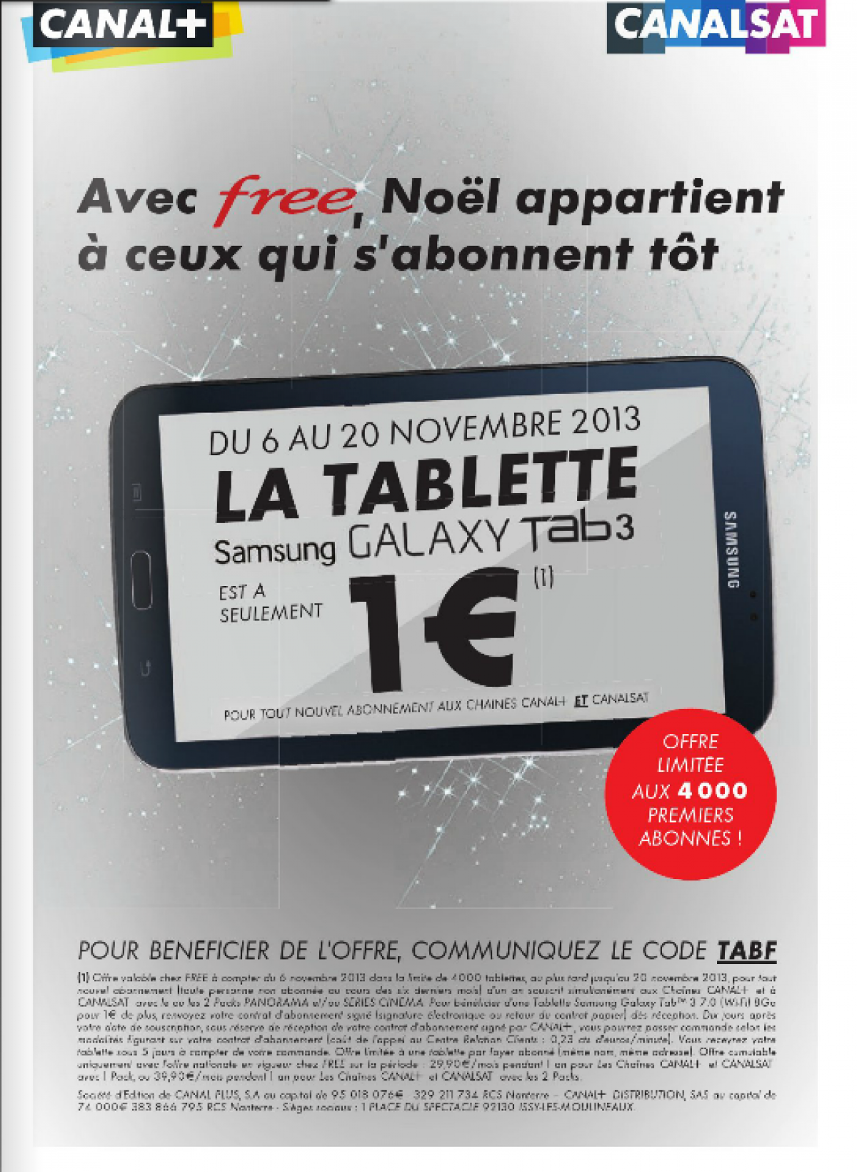 Une tablette à 1 € pour tout abonnement Canal+/Canal Sat sur la Freebox entre le 06 et 20 novembre