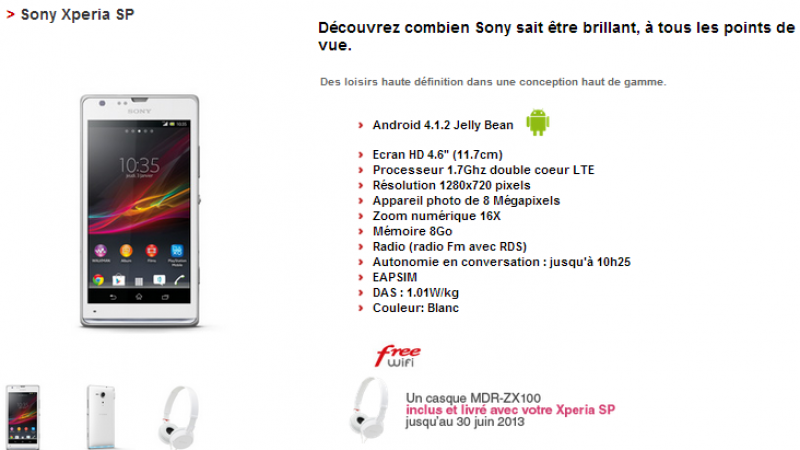 Free Mobile : le Sony Xperia SP complète la gamme des téléphones 4G
