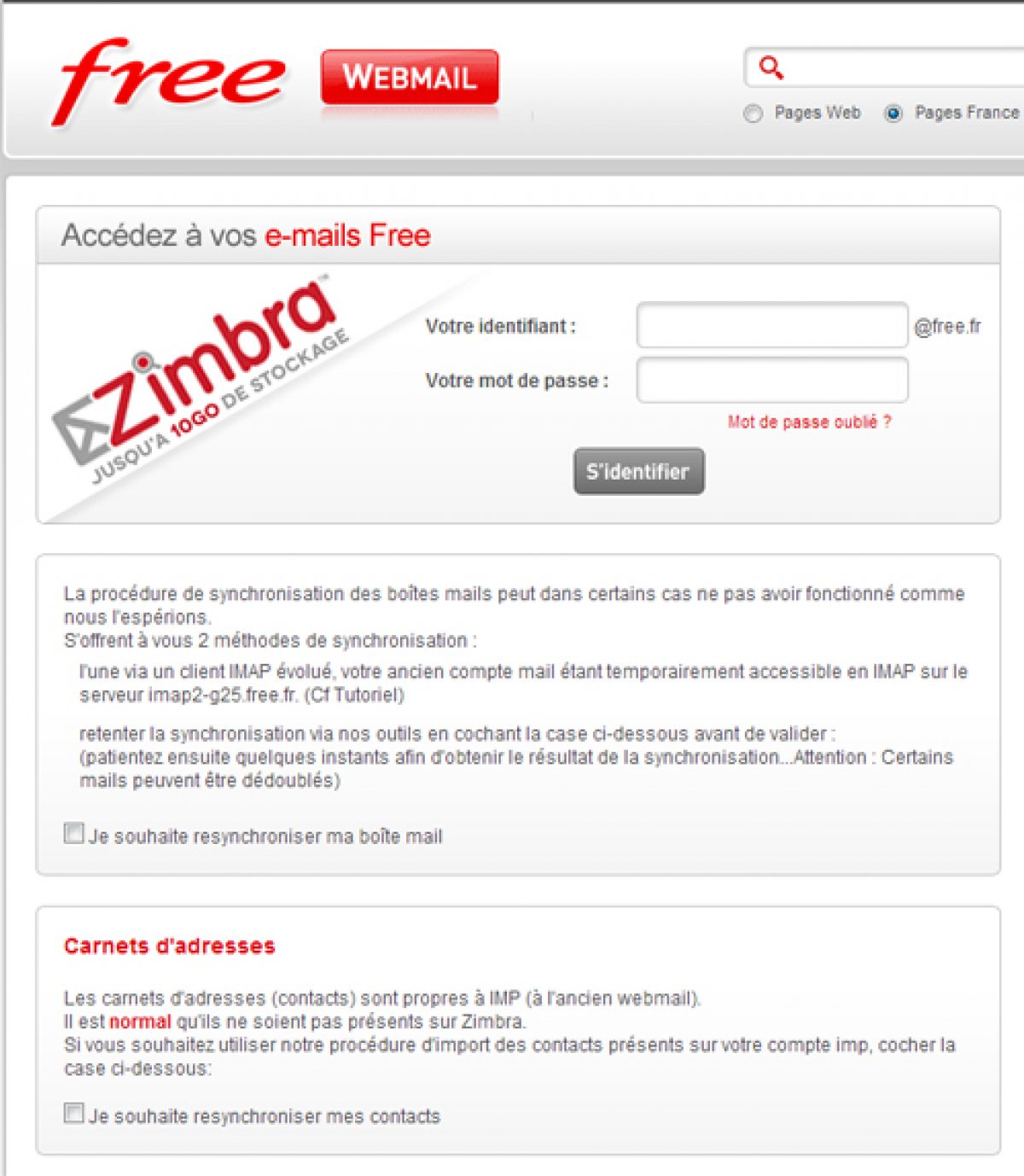 Free : La page d’authentification de Zimbra bénéficie à son tour d’un lifting