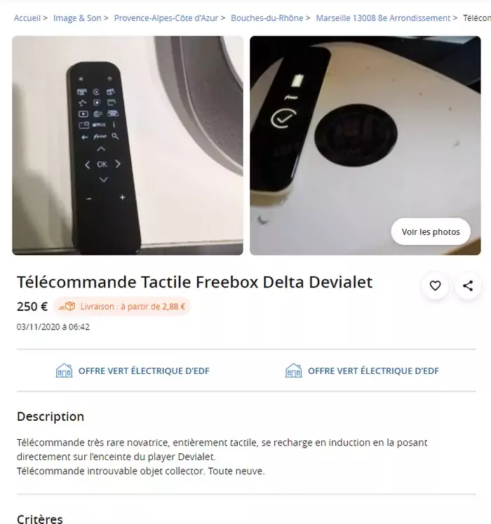 Télécommande Tactile Freebox Delta Pour Player Devialet - Occasion Fonctionnelle