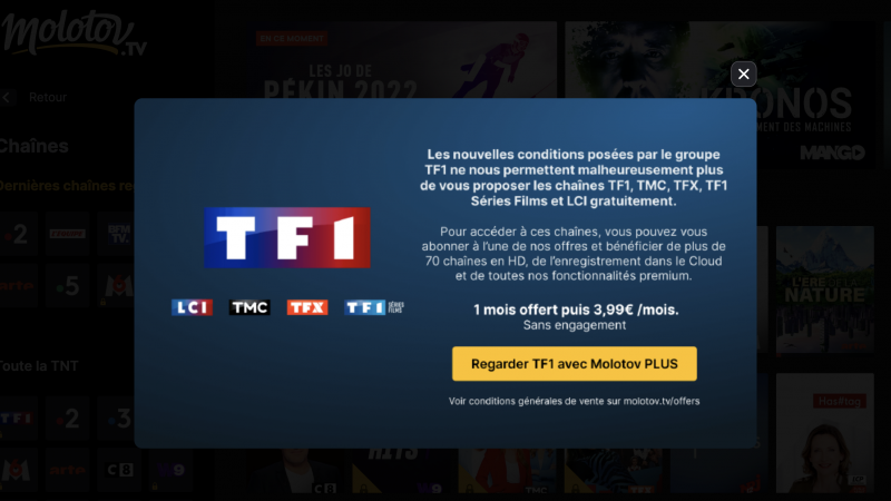 Coup dur pour Molotov, les chaînes TF1, TMC, LCI, TFX et TF1 Séries Films ne sont plus disponibles gratuitement