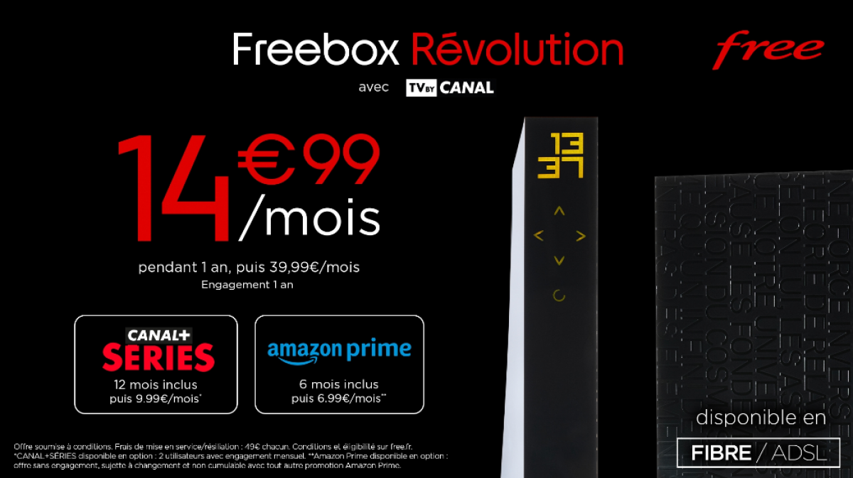 Free lance une nouvelle offre promo à 14,99€/mois : la Freebox révolution avec TV by Canal + 2 services SVOD