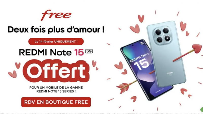 Free Mobile lance une offre spéciale pour la Saint-Valentin réservée à ses abonnés, deux Xiaomi Redmi Note 15 pour le prix d’un
