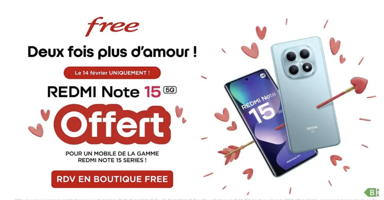 Free Mobile lance une offre spéciale pour la Saint-Valentin réservée à ses abonnés, deux Xiaomi Redmi Note 15 pour le prix d’un
