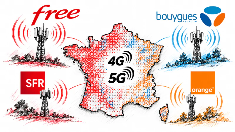 Free n°1 sur la couverture de la population en 4G et 5G, Bouygues Telecom et SFR dominent sur le territoire, Orange en retrait